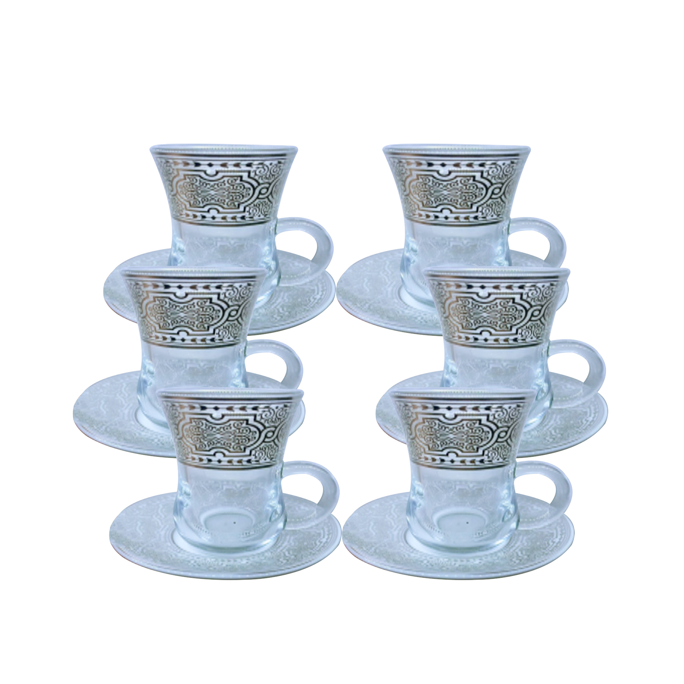 Glass Tea Cup & Arabic Coffee Cup 18 Set Cups/Saucers 8024-G2 Silver 8024-1